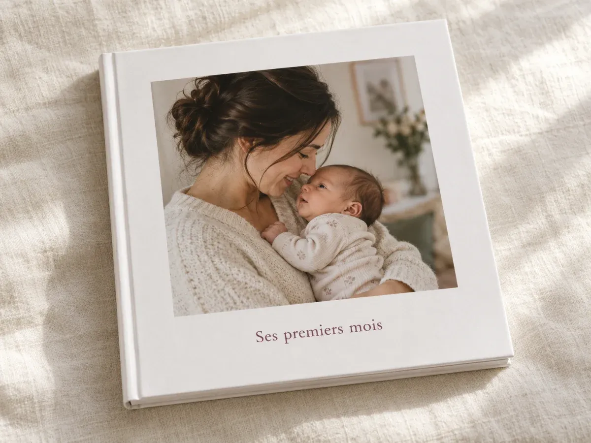 Un livre photo des premiers mois de bébé, posé sur une table