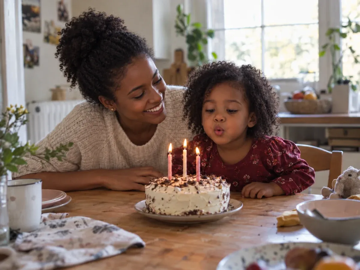 Une maman et sa petite fille soufflent les bougies d’un gâteau d’anniversaire