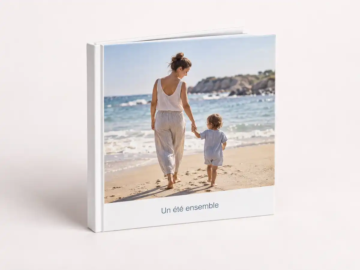 Le livre Book à couverture rigide blanche, avec une photo de maman et enfant sur la plage