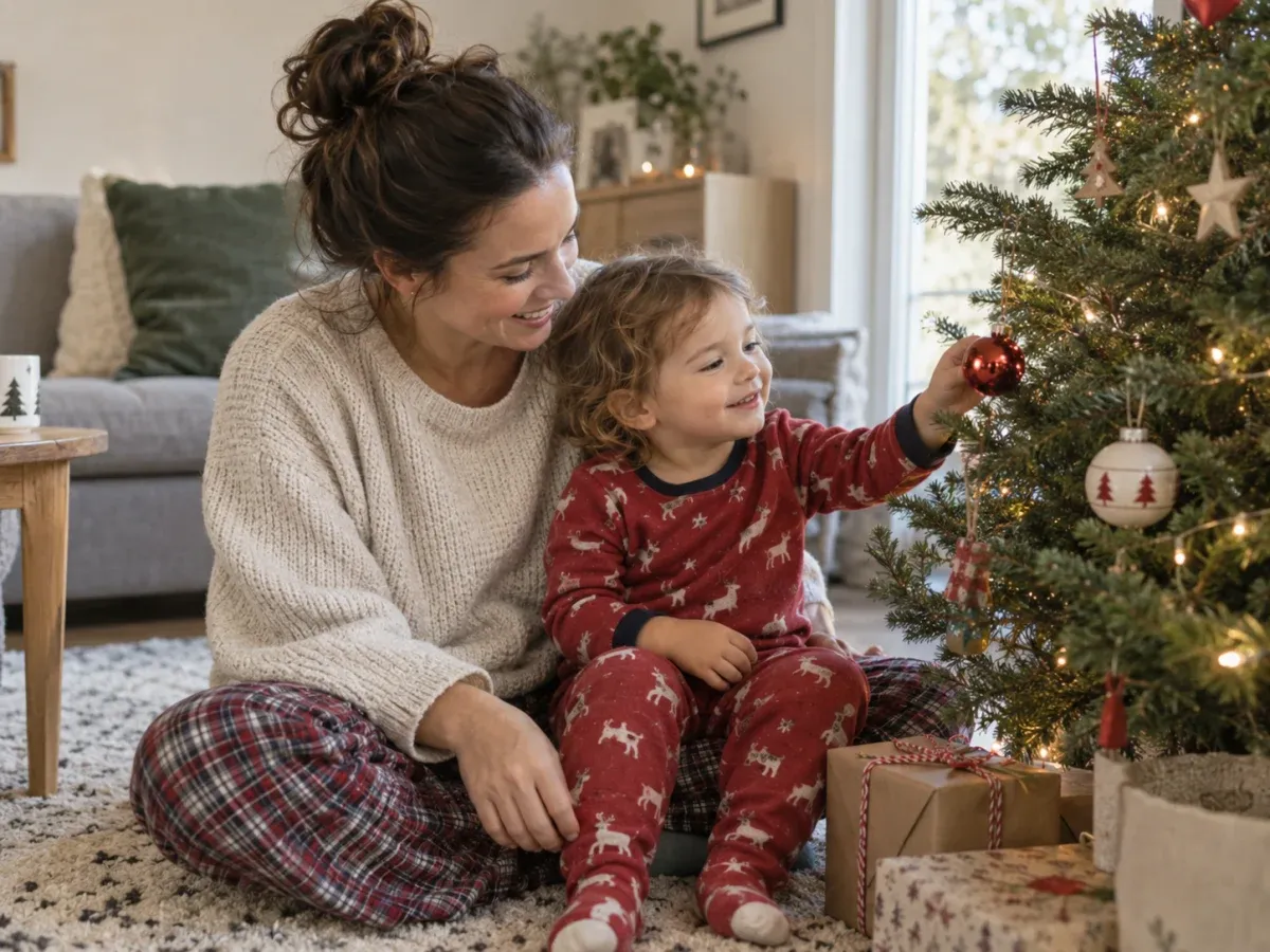 Une maman et son enfant décorent le sapin de Noël
