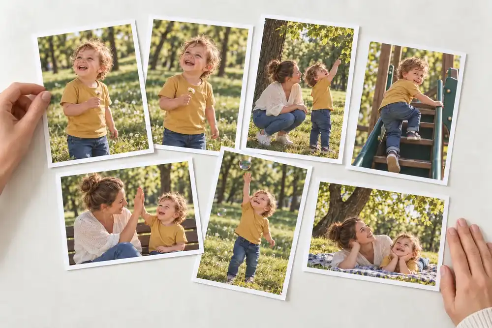 Des tirages de famille au parc étalés sur une table claire, dont deux photos similaires