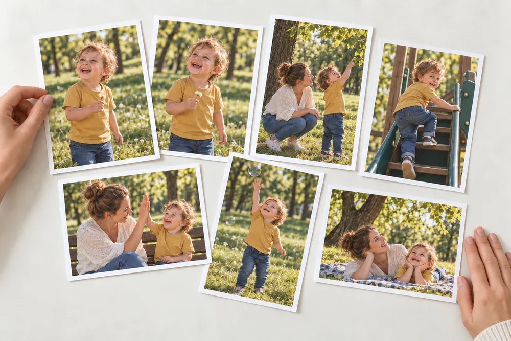 Des photos de famille au parc, dont quelques prises similaires, étalées sur une table