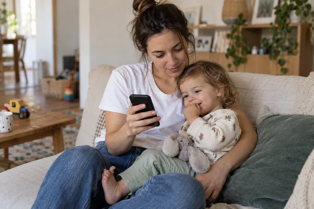 Une maman regarde ses photos sur son téléphone