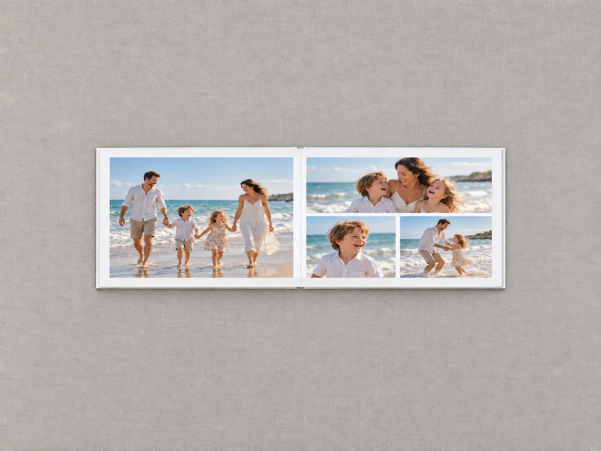 Livre photo A4 paysage ouvert à plat, avec une grande photo sur la page gauche et trois photos sur la page droite
